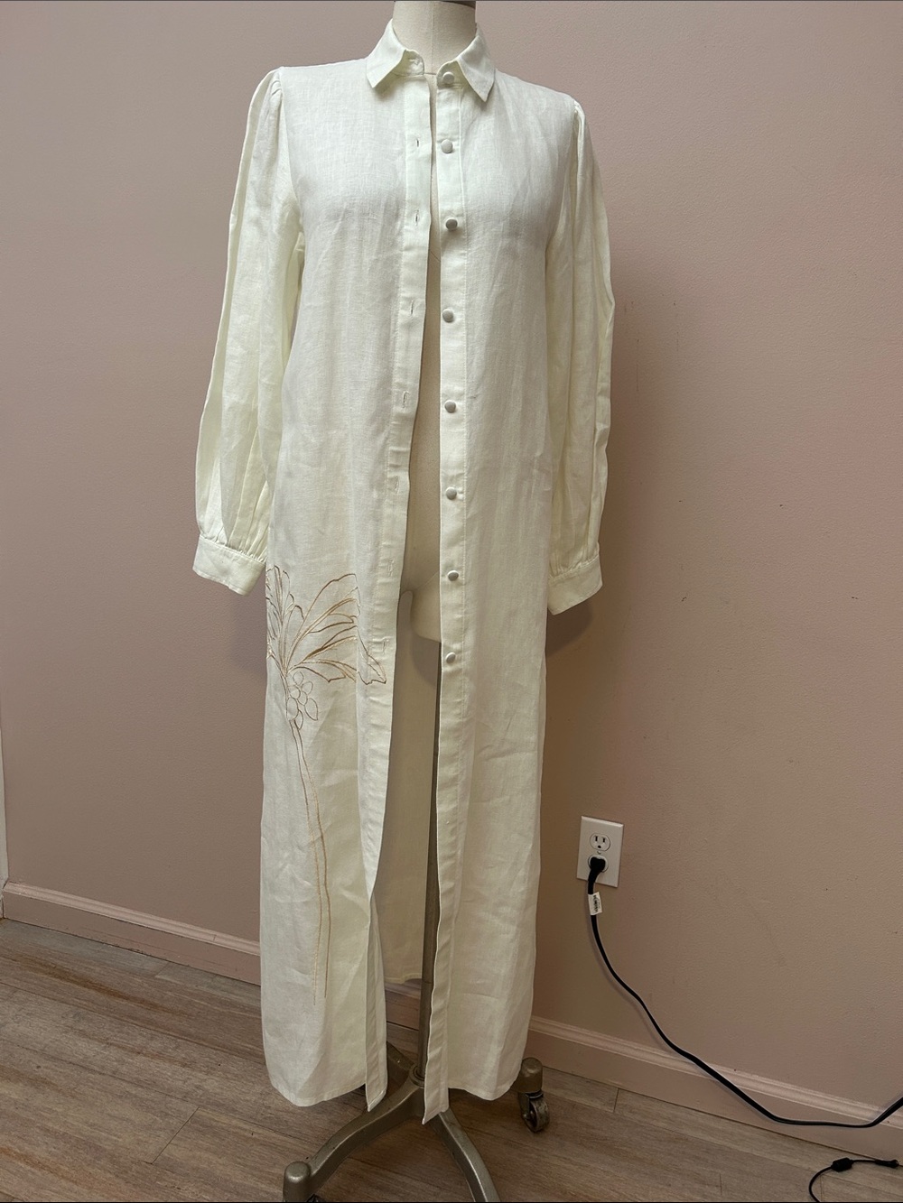 Anthropologie Long White Button-Down Linen Maxi Dress with Palm Embroidery S